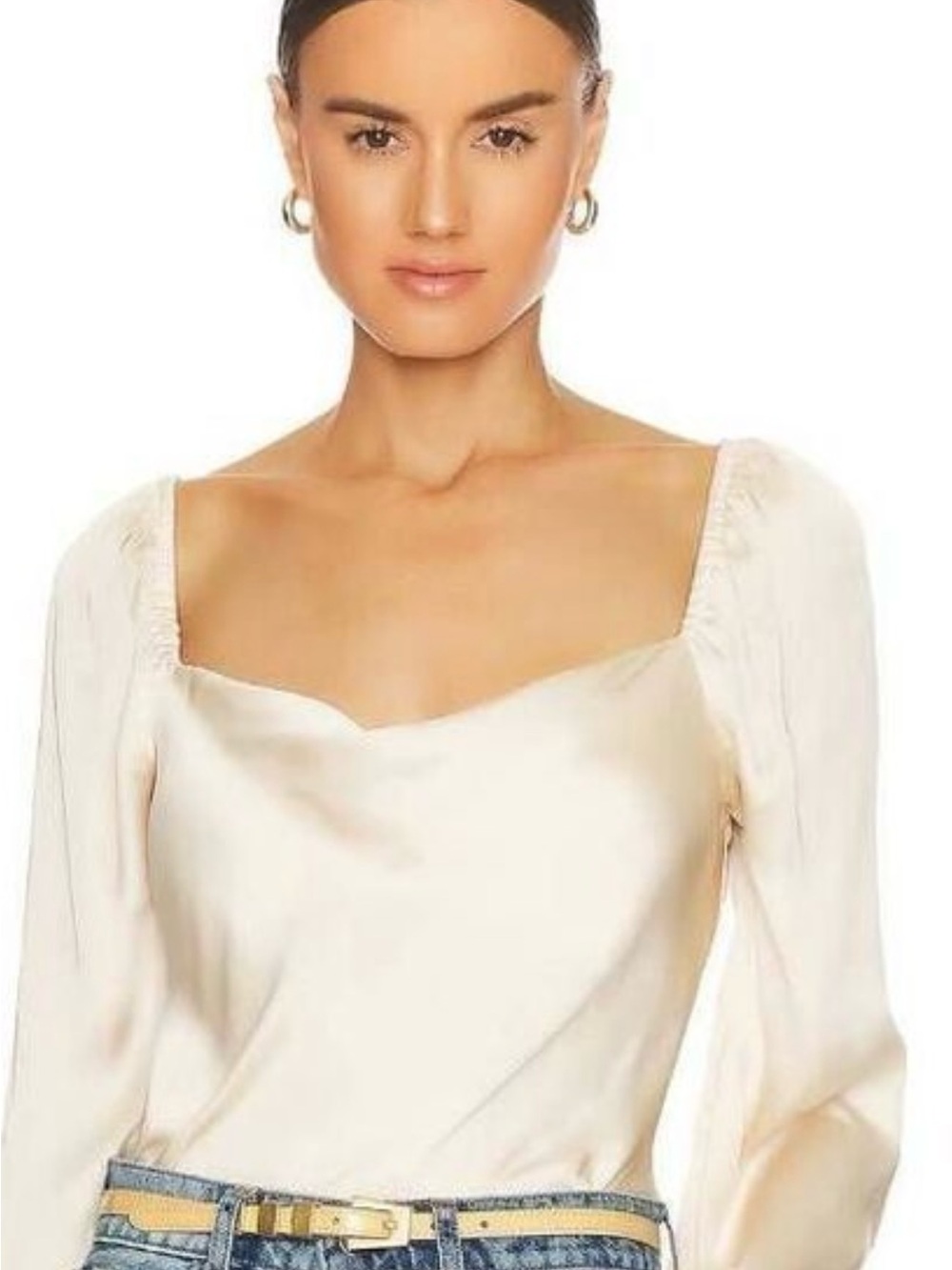 PAIGE Ivory Satin Square-Neck Long Sleeve Bodysuit
